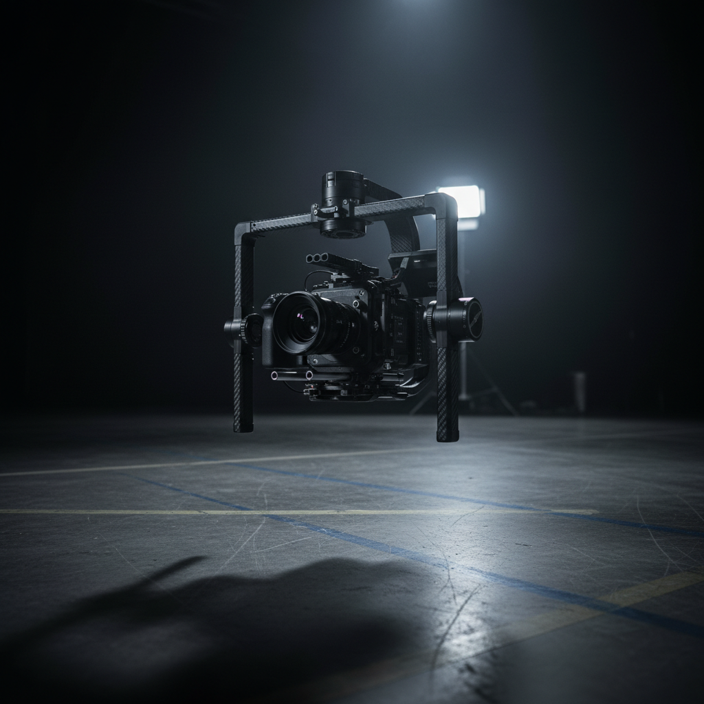 A moody, high-contrast close-up of a professional gimbal-mounted camera hovering above an empty, polished concrete floor marked by faint tape lines from previous shoots. The gimbal’s carbon fiber arms and metallic joints catch streaks of cool, directional light from a single overhead fixture, while the background fades into deep, velvety shadows broken only by a distant, blurred light stand. Wisps of subtle, atmospheric haze catch the light, adding depth. Shot from a low angle with the camera centered but slightly tilted in a dynamic, cinematic composition, the mood is dramatic, anticipatory, and refined, suggesting motion, narrative potential, and sophisticated production value without showing any people.