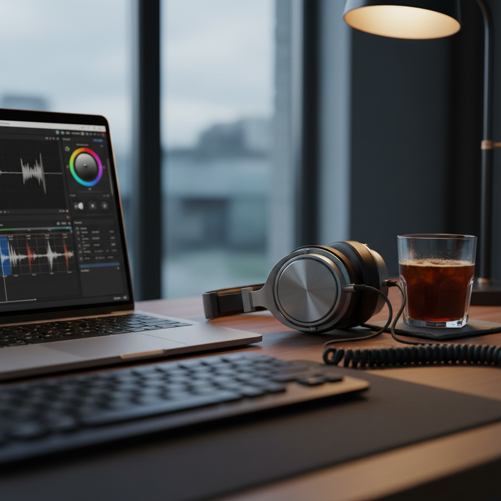 A refined desktop scene featuring a silver laptop displaying a paused video edit interface with color grading wheels and waveform scopes, all slightly blurred to avoid legible details. Beside it, a high-end pair of over-ear studio headphones in brushed metal and leather rests on a coiled cable, next to a slate coaster holding a cold brew in a faceted glass. The workspace sits near a large window; cool, overcast daylight mixes with a subtle warm table lamp, creating a cinematic, dual-tone lighting effect. Captured from a low, cinematic over-the-shoulder style angle with foreground blur from an out-of-focus lens, the image feels intimate, professional, and quietly intense, ideal for conveying meticulous storytelling craft.