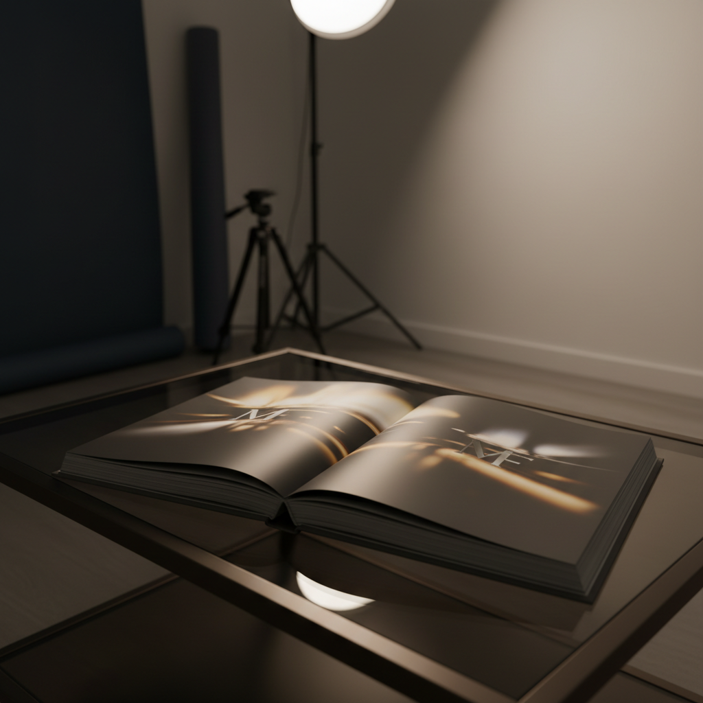 An elegant, charcoal-gray hardcover portfolio book embossed with a subtle silver monogram "MF" lying partially open on a smoked-glass coffee table. Inside, full-bleed pages show abstract, blurred stills of dramatic light and shadow, suggesting cinematic work without revealing people. In the background, a softly lit, minimalist studio space with a tripod, light stand, and a rolled backdrop in deep navy remains out of focus. Warm, directional spotlighting creates a pool of light on the book, with rich contrast and soft falloff into darkness. Shot at eye level with a shallow depth of field, the mood is luxurious, introspective, and artful, evoking a high-end film and photo brand identity.
