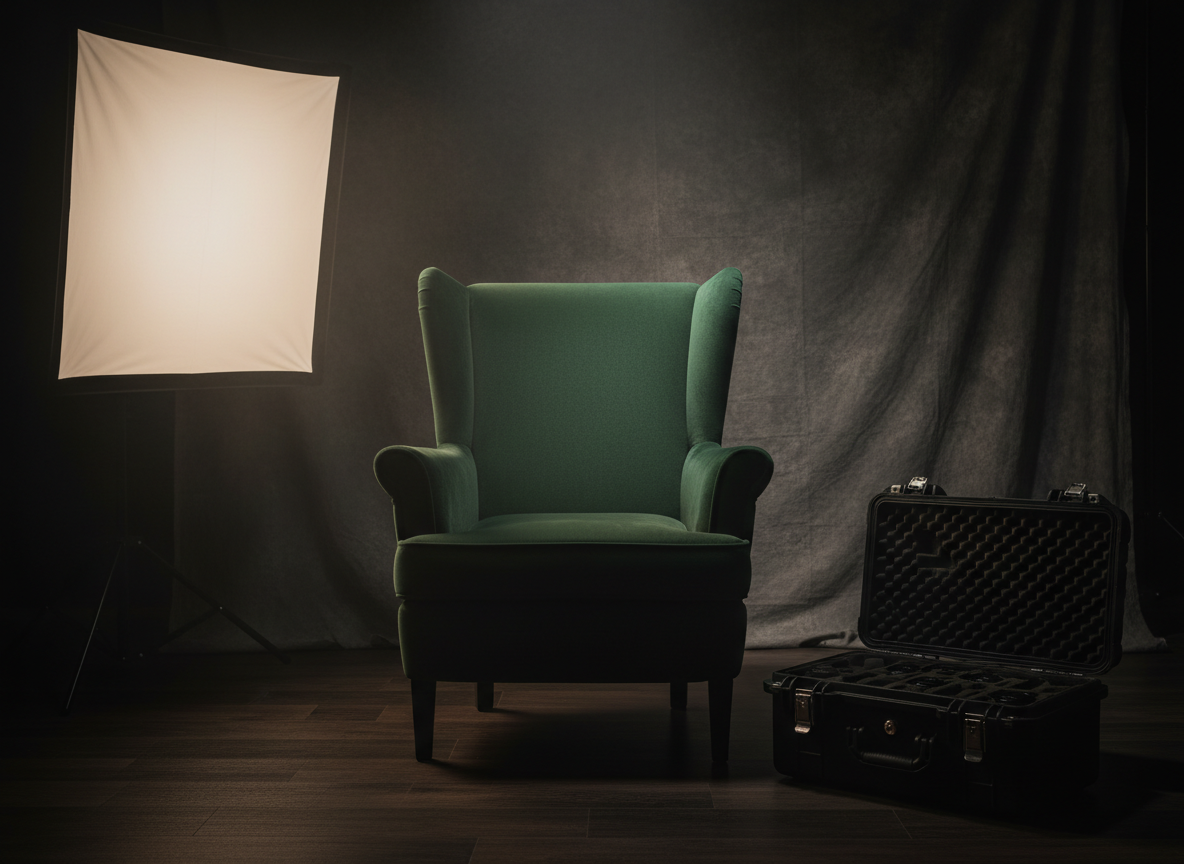 A dramatic portrait storytelling setup without a subject: an empty, high-backed velvet chair in deep forest green positioned in front of a textured charcoal backdrop. A single softbox off to one side casts sculpted, Rembrandt-style light that grazes the fabric, creating rich highlights and deep, cinematic shadows. On the floor beside the chair, a closed black hard case with custom foam cutouts hints at a carefully protected camera kit. Subtle haze in the air catches the light, adding depth. Framed at eye level with the chair off-center following the rule of thirds, the scene feels expectant, intimate, and sophisticated, perfectly suggesting high-end portrait sessions without any people visible.