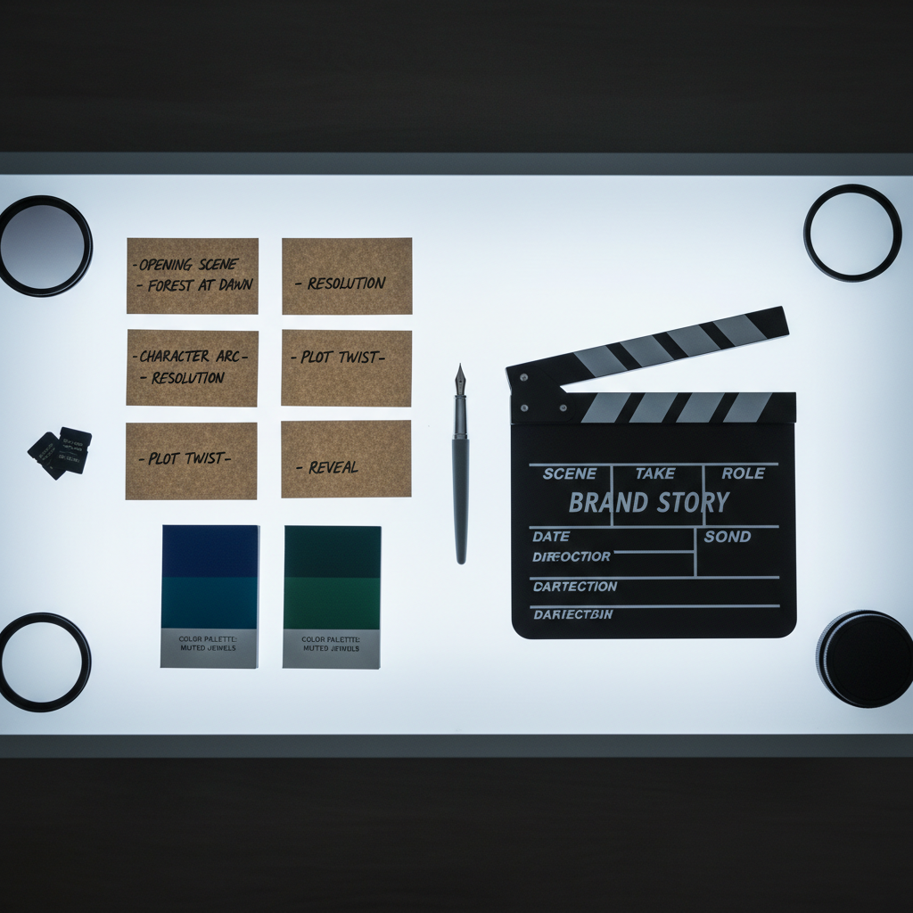 A polished glass lightbox table displaying a carefully arranged flat lay of brand storytelling tools: textured kraft story cards with handwritten scene notes, a slender slate-gray fountain pen, color swatch booklets in muted jewel tones, and a minimalist black clapperboard. Around the edges, softly out-of-focus lens filters and SD cards hint at both photo and film. Cool, diffused studio light from above creates gentle, crisp shadows and highlights the different surfaces and papers. Captured from a straight-down bird’s-eye view with impeccable alignment and negative space, the composition feels deliberate and refined, conveying clarity, structure, and cinematic sophistication ideal for a brand portfolio hero image.