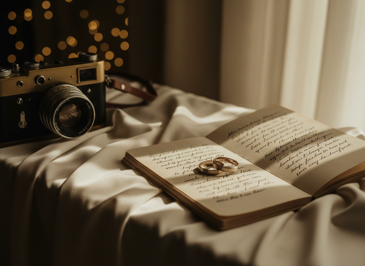An artful, symbolic wedding storytelling scene with no people: a pair of elegant, matte-gold wedding bands resting on an open, handwritten vow booklet laid atop flowing ivory silk fabric. Nearby, a vintage, brass-bodied camera with a leather strap sits partially in frame, its glass reflecting a soft, out-of-focus string of fairy lights in the background. Warm, golden hour window light streams in from the side, creating delicate highlights on metal and gentle shadows in the fabric folds. Captured at a close, three-quarter angle with a shallow depth of field and rich cinematic contrast, the mood is intimate, romantic, and timeless, embodying sophisticated wedding cinematography and photography.